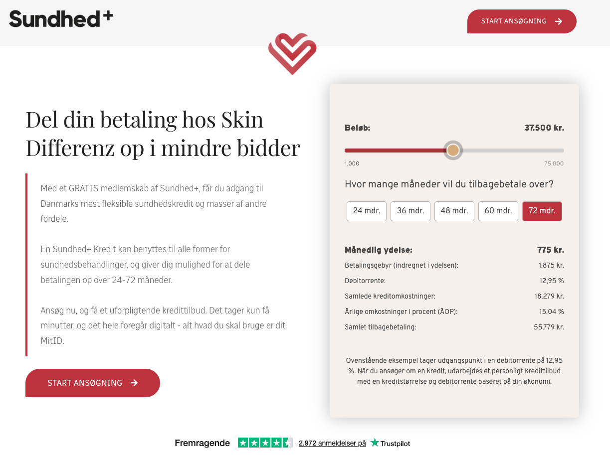 Sundhed+ side, hvor betalingen hos Skin Differenz kan deles op over 24-72 måneder